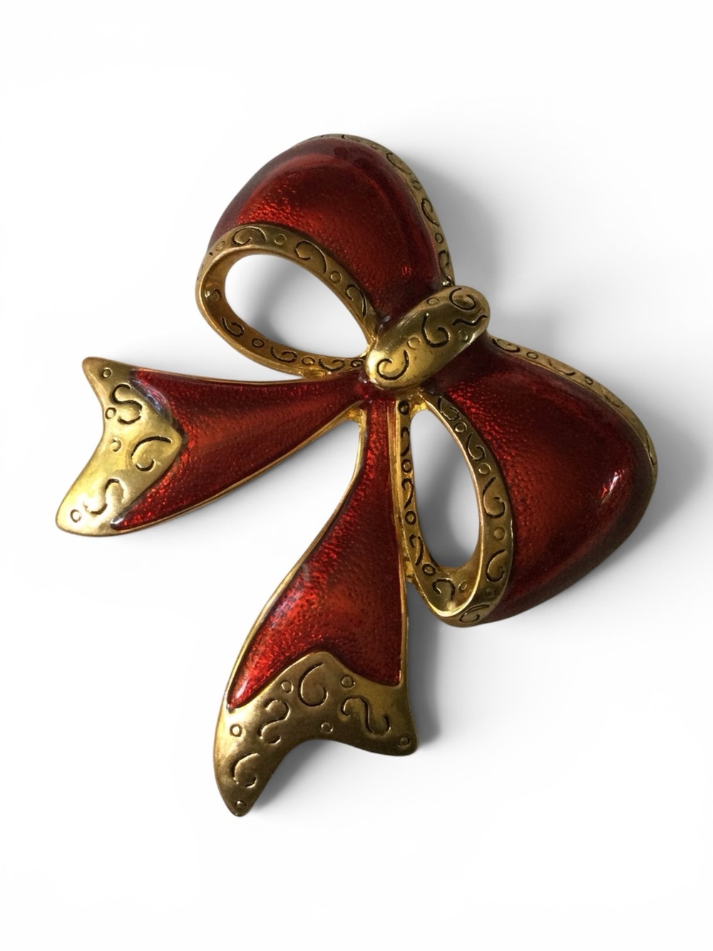 Vintage 1980s Gold-Tone Red & Gold Christmas Bow Brooch - Picture 4 of 9